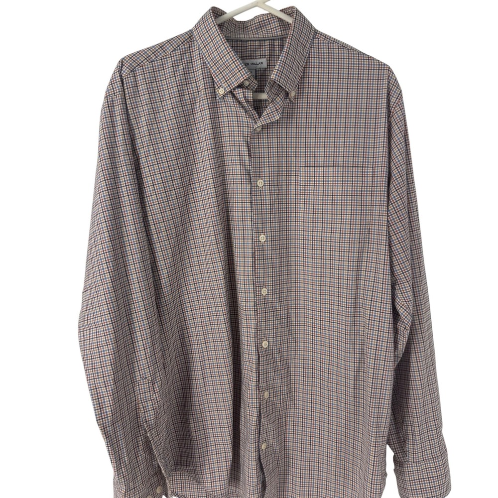 Peter Millar Mens Large Plaid Button Down Shirt Blue Orange Stretch Performance - Picture 2 of 10